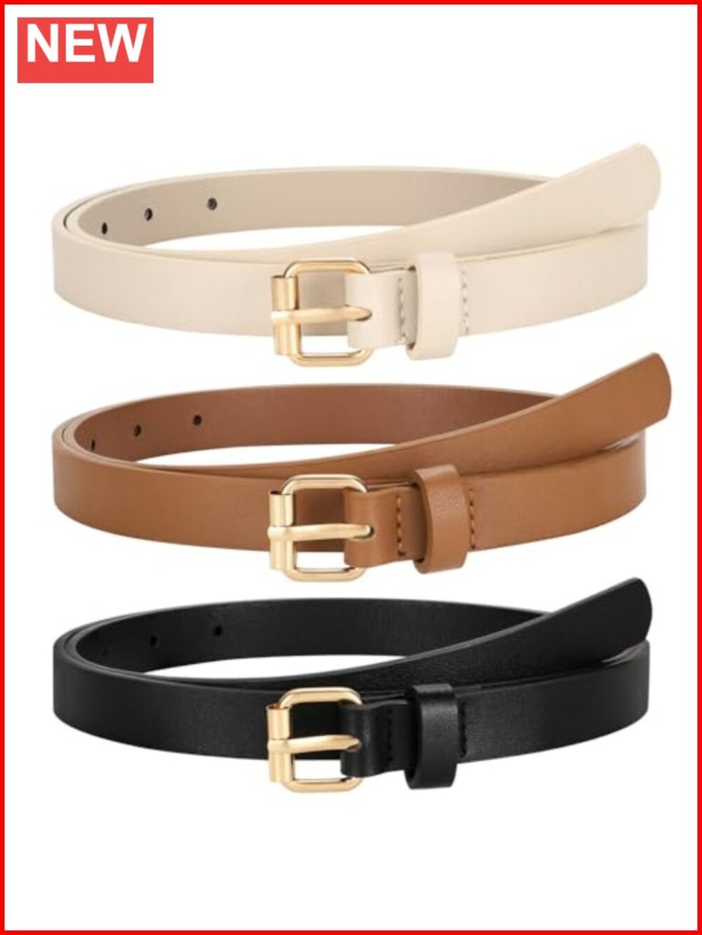 3 Pack Women Skinny PU Leather Belt with Gold Buckle